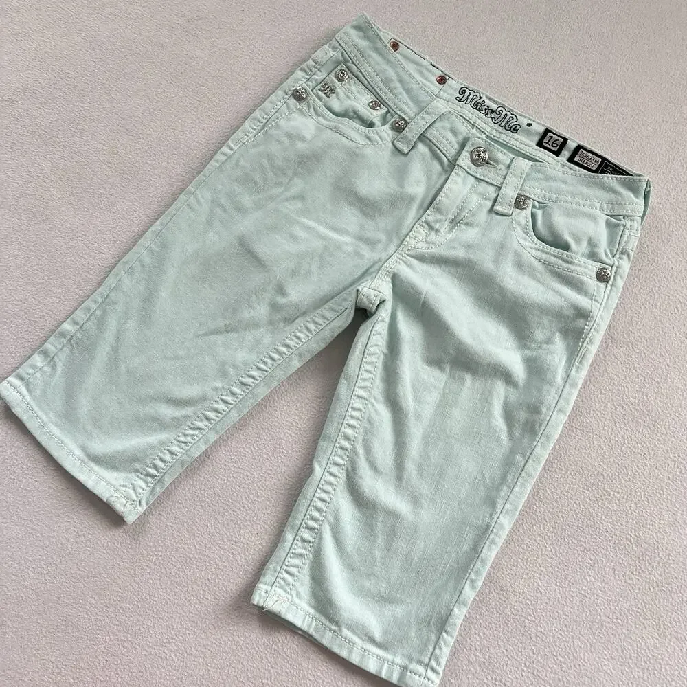 Miss Me Girl Icy Blue JK5633M4 Bermuda Bling Cross Stretch Denim Jean Short 16